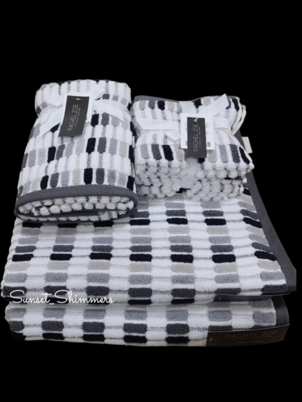 8pc Rachel Zoe Mosaic 100% Cotton Bath Hand Washcloth Towel Set Black White Gray
